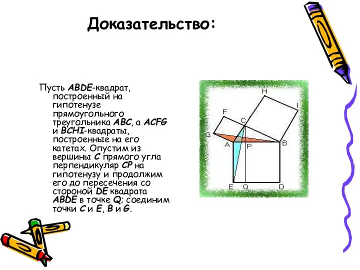 Доказательство: Пусть ABDE-квадрат, построенный на гипотенузе прямоугольного треугольника ABC, а ACFG