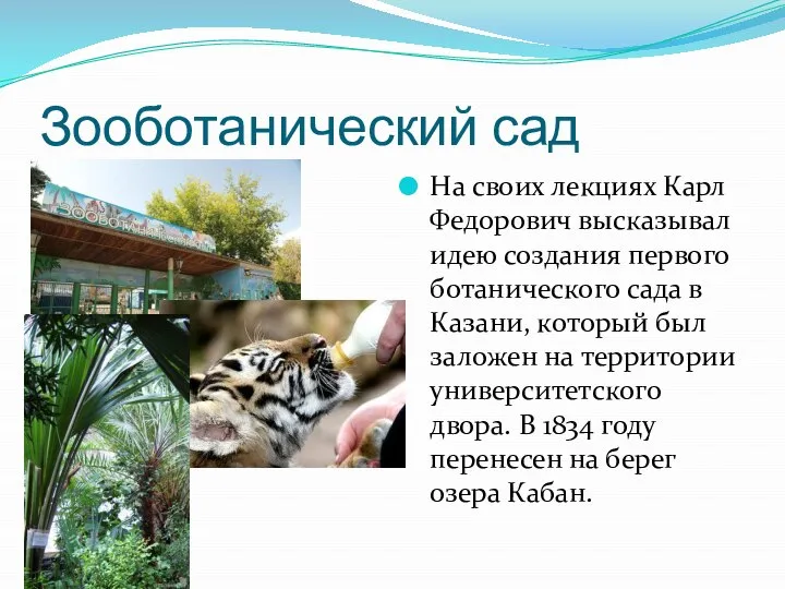 Зооботанический сад На своих лекциях Карл Федорович высказывал идею создания первого