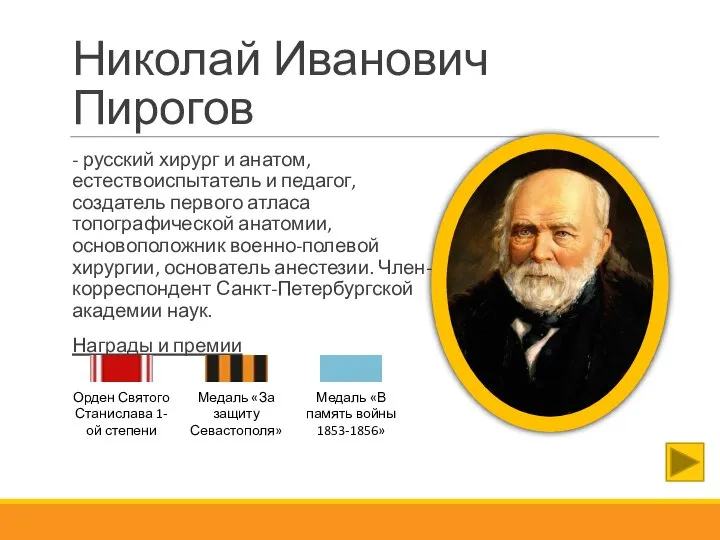 Николай Иванович Пирогов - русский хирург и анатом, естествоиспытатель и педагог,