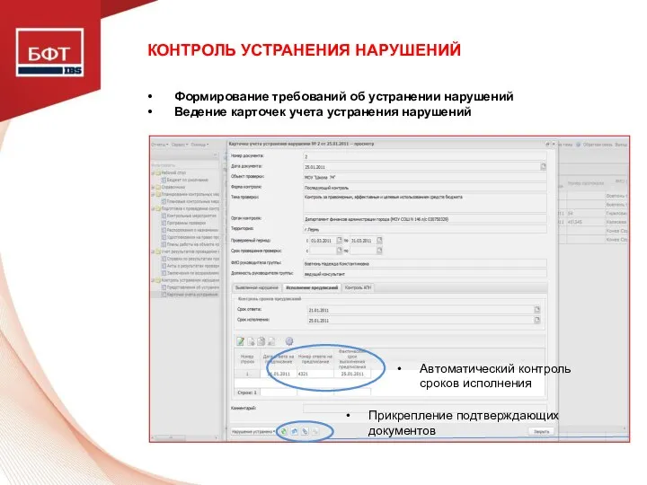 КОНТРОЛЬ УСТРАНЕНИЯ НАРУШЕНИЙ Автоматический контроль сроков исполнения Прикрепление подтверждающих документов Формирование