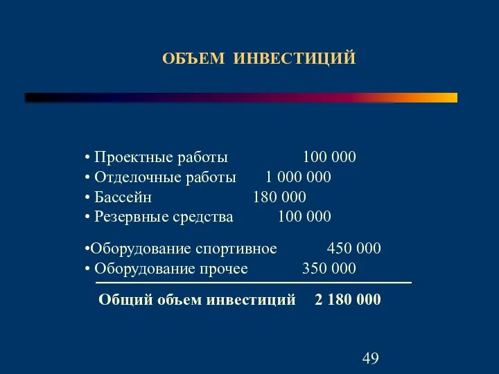 ОБЪЕМ ИНВЕСТИЦИЙ Проектные работы 100 000 Отделочные работы 1 000 000