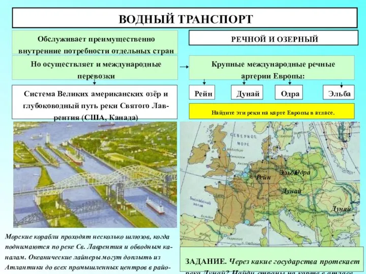 ВОДНЫЙ ТРАНСПОРТ РЕЧНОЙ И ОЗЕРНЫЙ Обслуживает преимущественно внутренние потребности отдельных стран