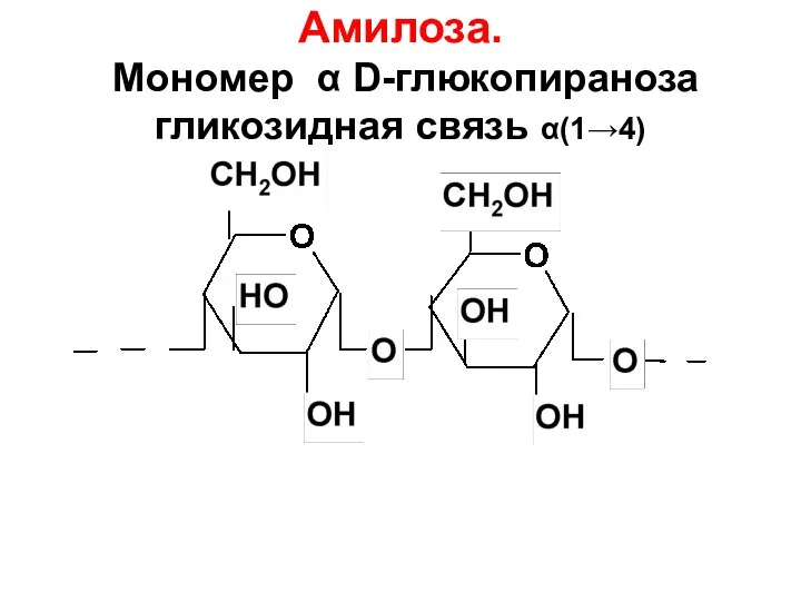 Амилоза. Мономер α D-глюкопираноза гликозидная связь α(1→4)