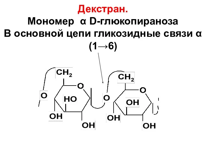 Декстран. Мономер α D-глюкопираноза В основной цепи гликозидные связи α(1→6)