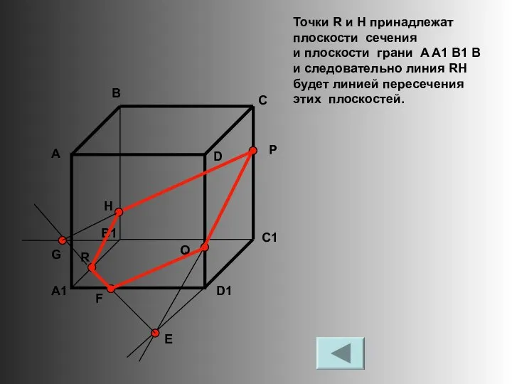 Точки R и H принадлежат плоскости сечения и плоскости грани A