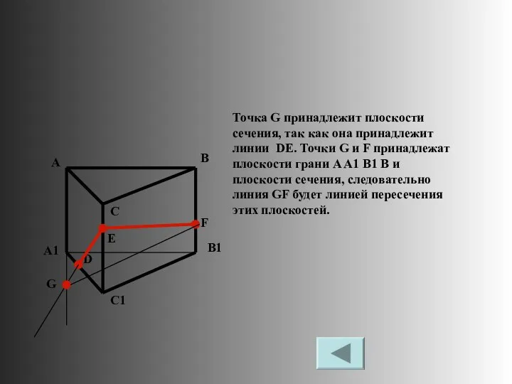 Точка G принадлежит плоскости сечения, так как она принадлежит линии DE.