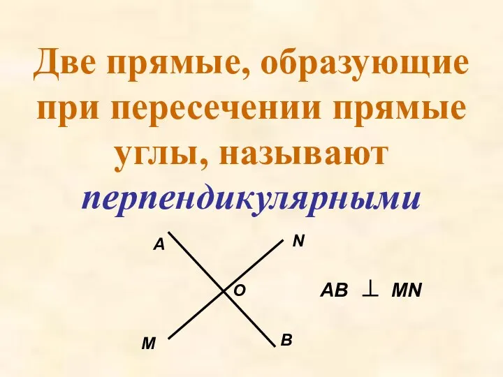 Две прямые, образующие при пересечении прямые углы, называют перпендикулярными А В М N О АВ MN