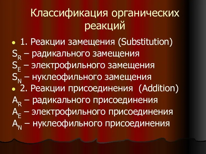 Классификация органических реакций 1. Реакции замещения (Substitution) SR – радикального замещения