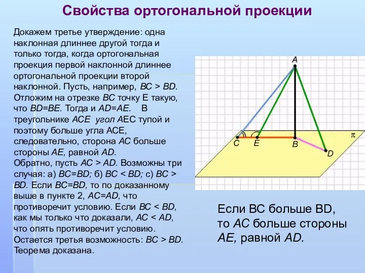 Свойства ортогональной проекции Докажем третье утверждение: одна наклонная длиннее другой тогда