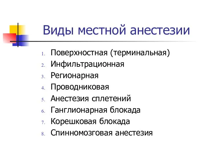 Виды местной анестезии Поверхностная (терминальная) Инфильтрационная Регионарная Проводниковая Анестезия сплетений Ганглионарная блокада Корешковая блокада Спинномозговая анестезия