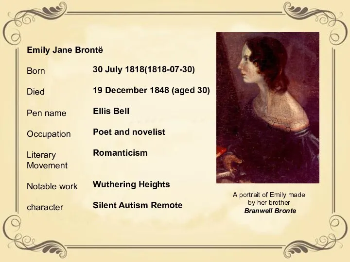 A portrait of Emily made by her brother Branwell Bronte Emily