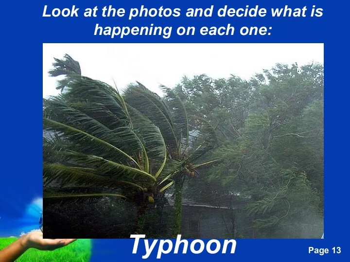 Look at the photos and decide what is happening on each one: Typhoon