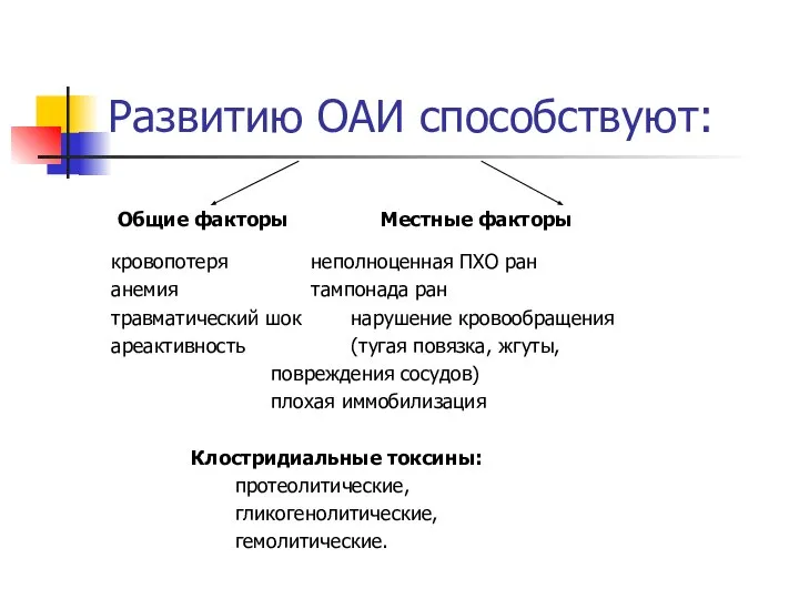 Развитию ОАИ способствуют: Общие факторы Местные факторы кровопотеря неполноценная ПХО ран