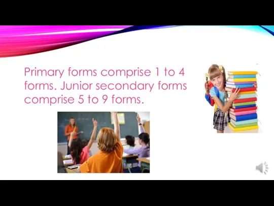 Primary forms comprise 1 to 4 forms. Junior secondary forms comprise 5 to 9 forms.