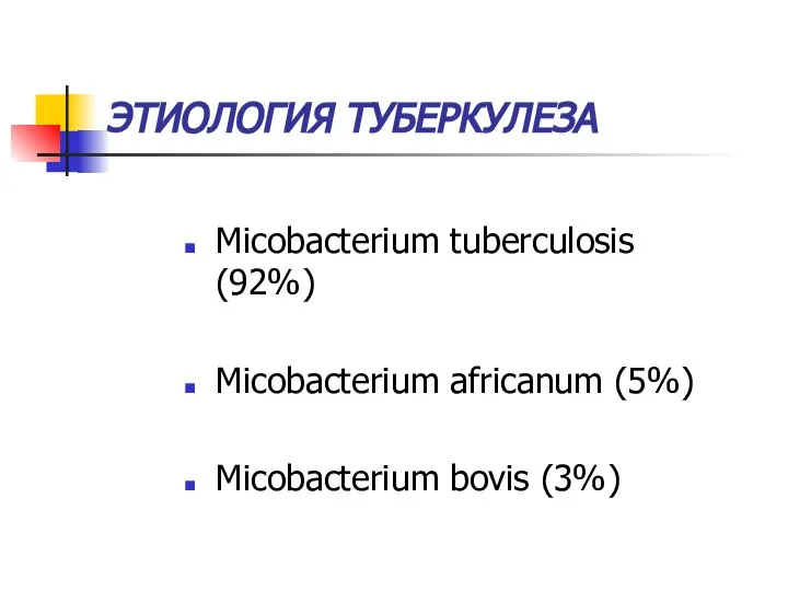 ЭТИОЛОГИЯ ТУБЕРКУЛЕЗА Micobacterium tuberculosis (92%) Micobacterium africanum (5%) Micobacterium bovis (3%)