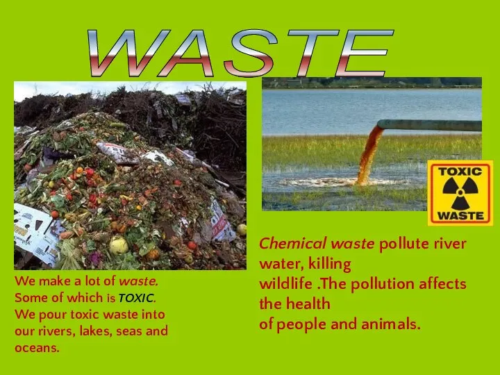 WASTE Chemical waste pollute river water, killing wildlife .The pollution affects