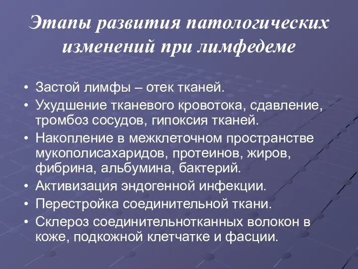 Этапы развития патологических изменений при лимфедеме Застой лимфы – отек тканей.