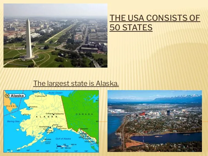 The USA consists of 50 states The largest state is Alaska.