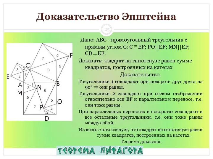 Доказательство Эпштейна Дано: ABC - прямоугольный треугольник с прямым углом С;