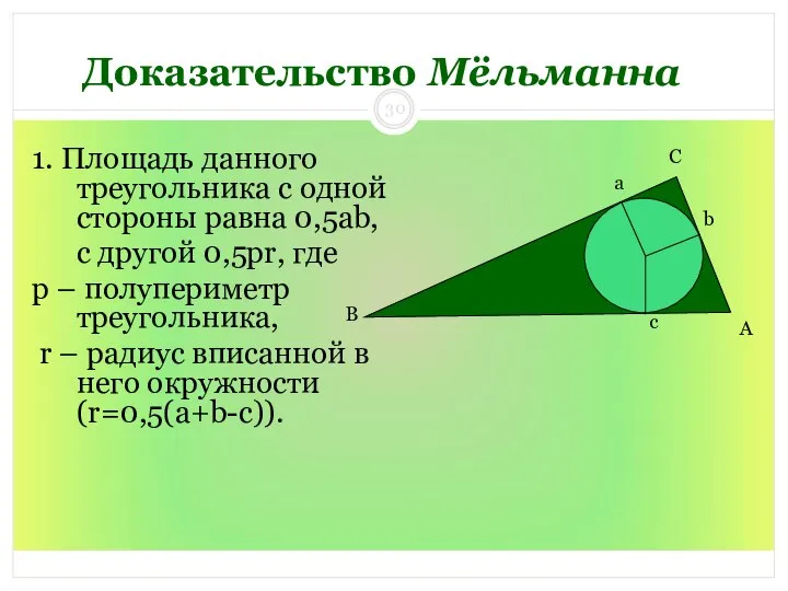 Доказательство Мёльманна 1. Площадь данного треугольника с одной стороны равна 0,5ab,