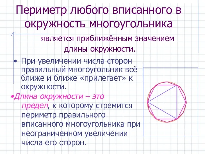 Периметр любого вписанного в окружность многоугольника является приближённым значением длины окружности.