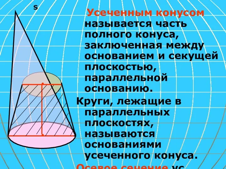 S Усеченным конусом называется часть полного конуса, заключенная между основанием и