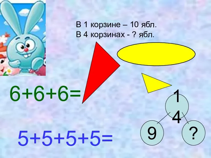 В 1 корзине – 10 ябл. В 4 корзинах - ?