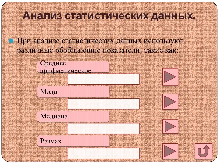 Анализ статистических данных. При анализе статистических данных используют различные обобщающие показатели, такие как: