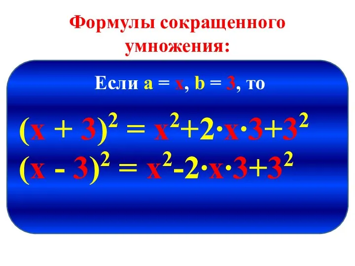 Формулы сокращенного умножения: (х + 3)2 = х2+2∙х∙3+32 (х - 3)2