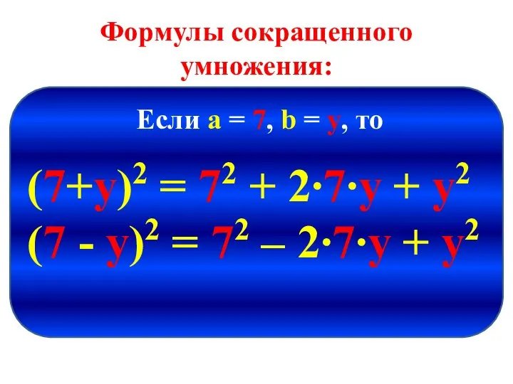 Формулы сокращенного умножения: (7+у)2 = 72 + 2∙7∙у + у2 (7