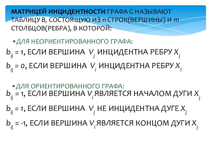 МАТРИЦЕЙ ИНЦИДЕНТНОСТИ ГРАФА G НАЗЫВАЮТ ТАБЛИЦУ B, СОСТОЯЩУЮ ИЗ n СТРОК(ВЕРШИНЫ)