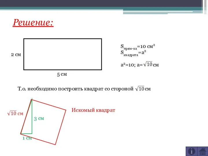 2 см 5 см Решение: Sпрям-ка=10 см2 Sквадрата=a2 a2=10; a= см