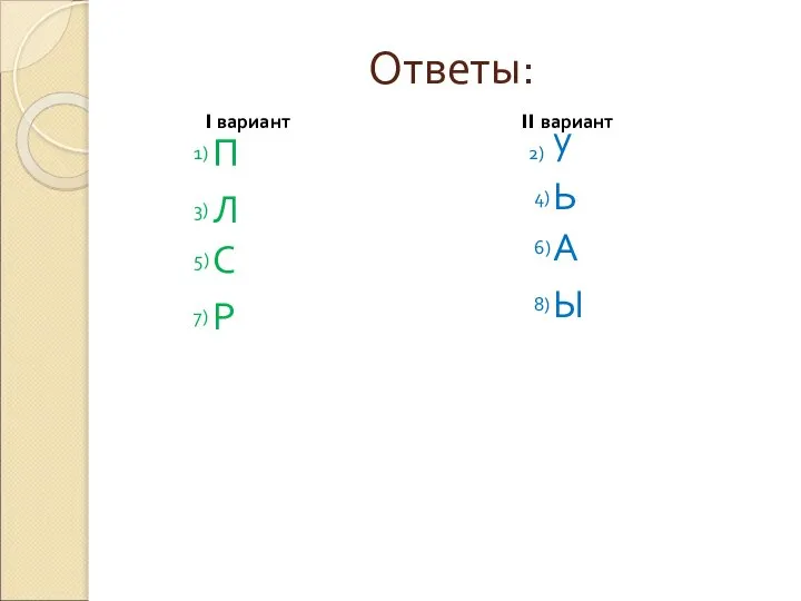 Ответы: I вариант II вариант 1) П 2) у 3) Л