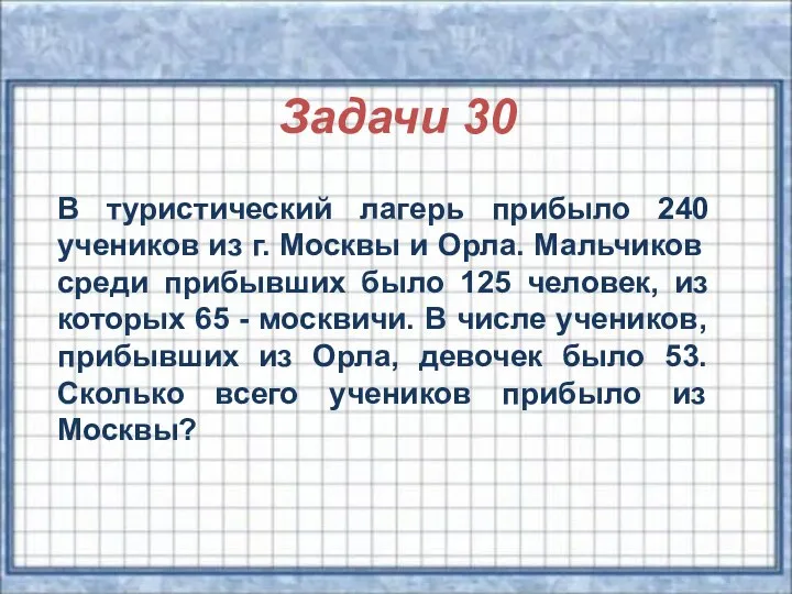 Задачи 30 В туристический лагерь прибыло 240 учеников из г. Москвы