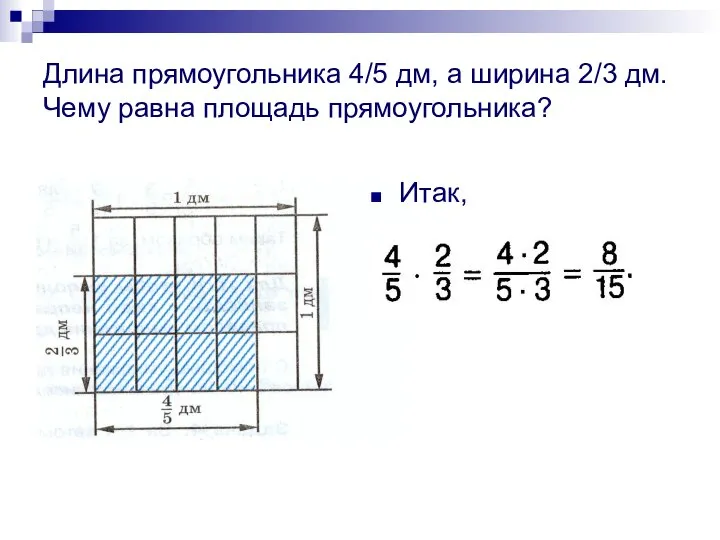 Длина прямоугольника 4/5 дм, а ширина 2/3 дм. Чему равна площадь прямоугольника? Итак,