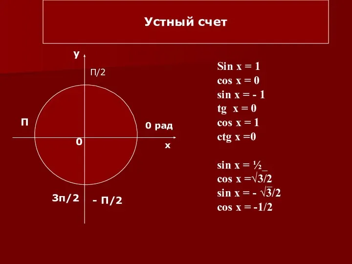 Устный счет х у 0 0 рад П/2 П - П/2