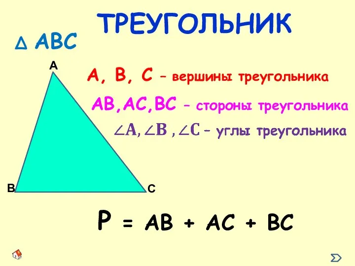 А, В, С – вершины треугольника ∆ АВС АВ,АС,ВС – стороны