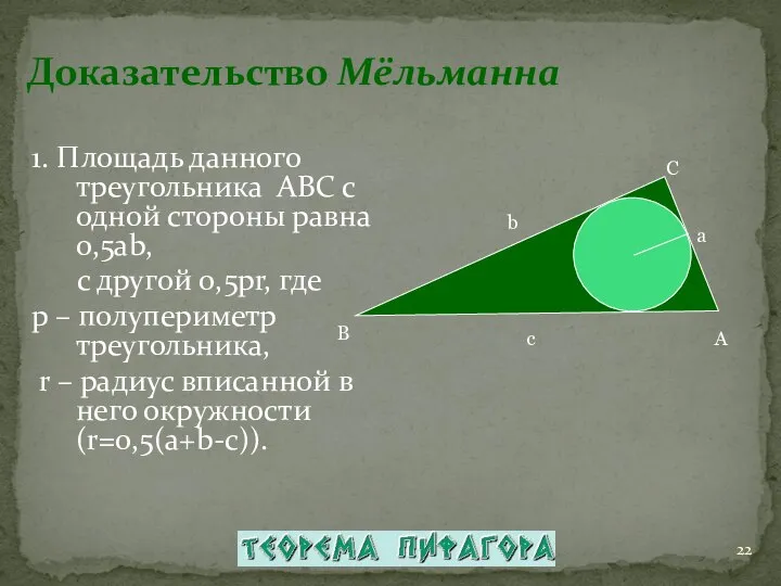 Доказательство Мёльманна 1. Площадь данного треугольника АВС с одной стороны равна