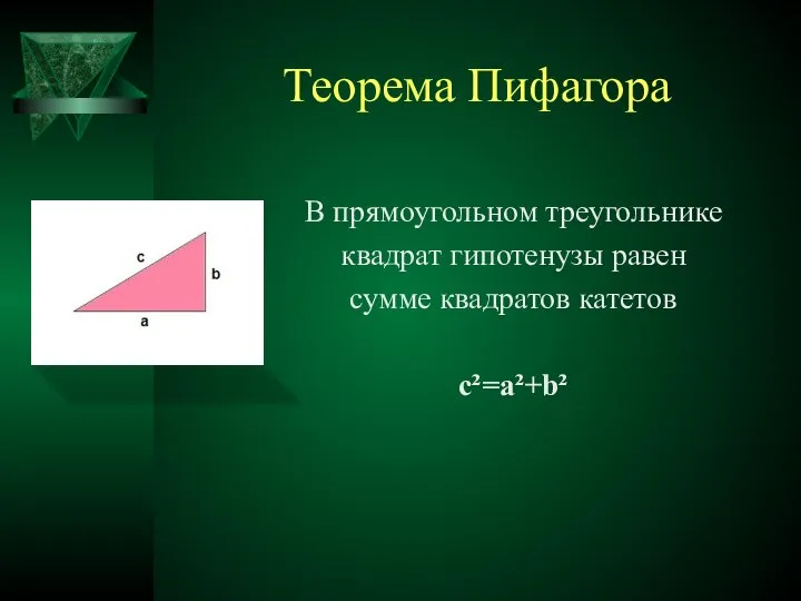 Теорема Пифагора В прямоугольном треугольнике квадрат гипотенузы равен сумме квадратов катетов c²=a²+b²