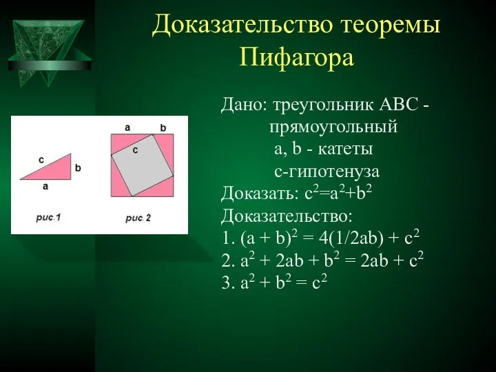 Доказательство теоремы Пифагора Дано: треугольник АВС - прямоугольный a, b -