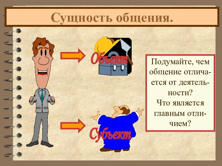 Сущность общения. Подумайте, чем общение отлича- ется от деятель- ности? Что является главным отли- чием?