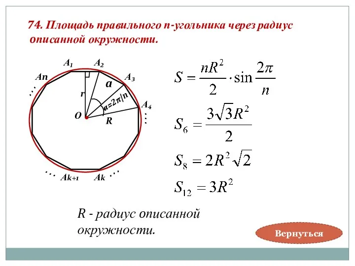 . . . 74. Площадь правильного п-угольника через радиус oписанной окружности.