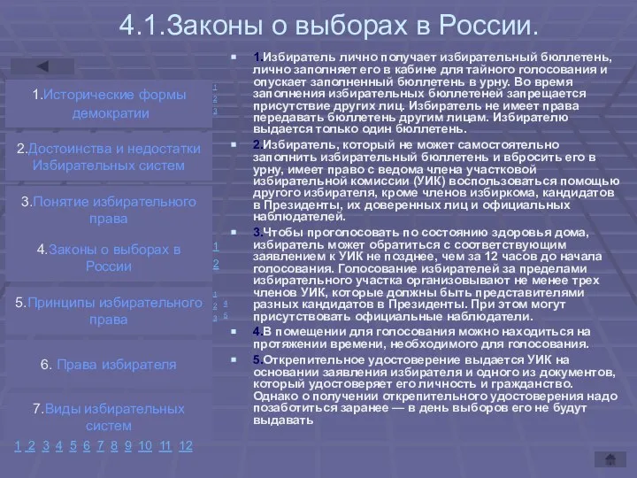 4.1.Законы о выборах в России. 1.Избиратель лично получает избирательный бюллетень, лично