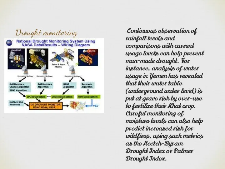 Drought monitoring Continuous observation of rainfall levels and comparisons with current