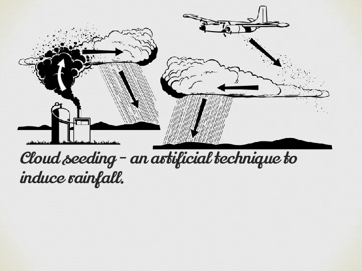 Cloud seeding - an artificial technique to induce rainfall.