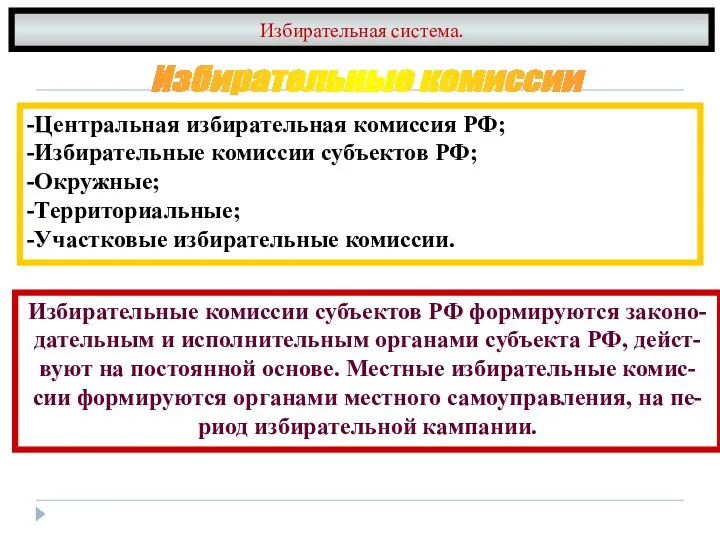 Избирательная система. -Центральная избирательная комиссия РФ; -Избирательные комиссии субъектов РФ; -Окружные;