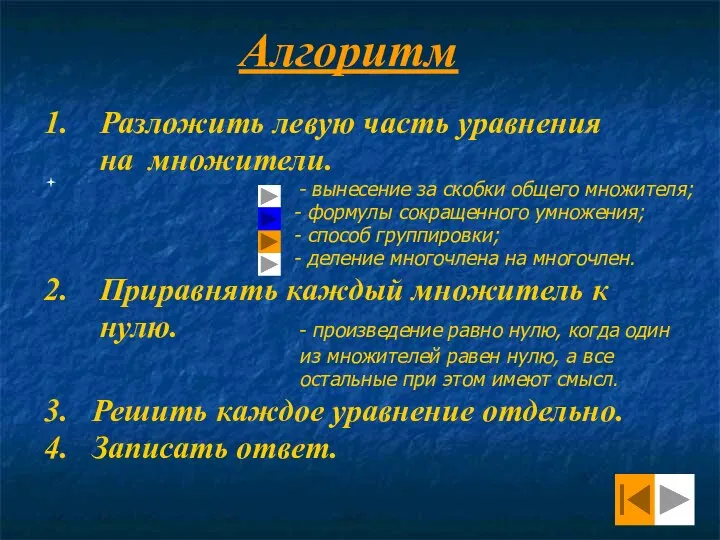 Алгоритм 1. Разложить левую часть уравнения на множители. - вынесение за