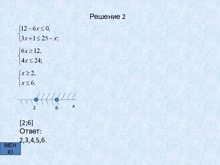 Решение 2 МЕНЮ 6 2 x [2;6] Ответ: 2,3,4,5,6.