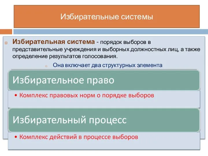 Избирательные системы Избирательная система - порядок выборов в представительные учреждения и