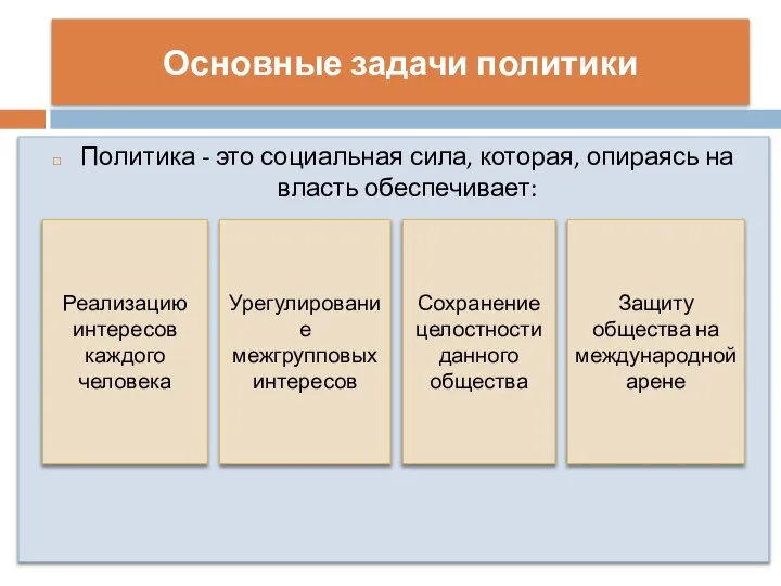 Основные задачи политики Политика - это социальная сила, которая, опираясь на